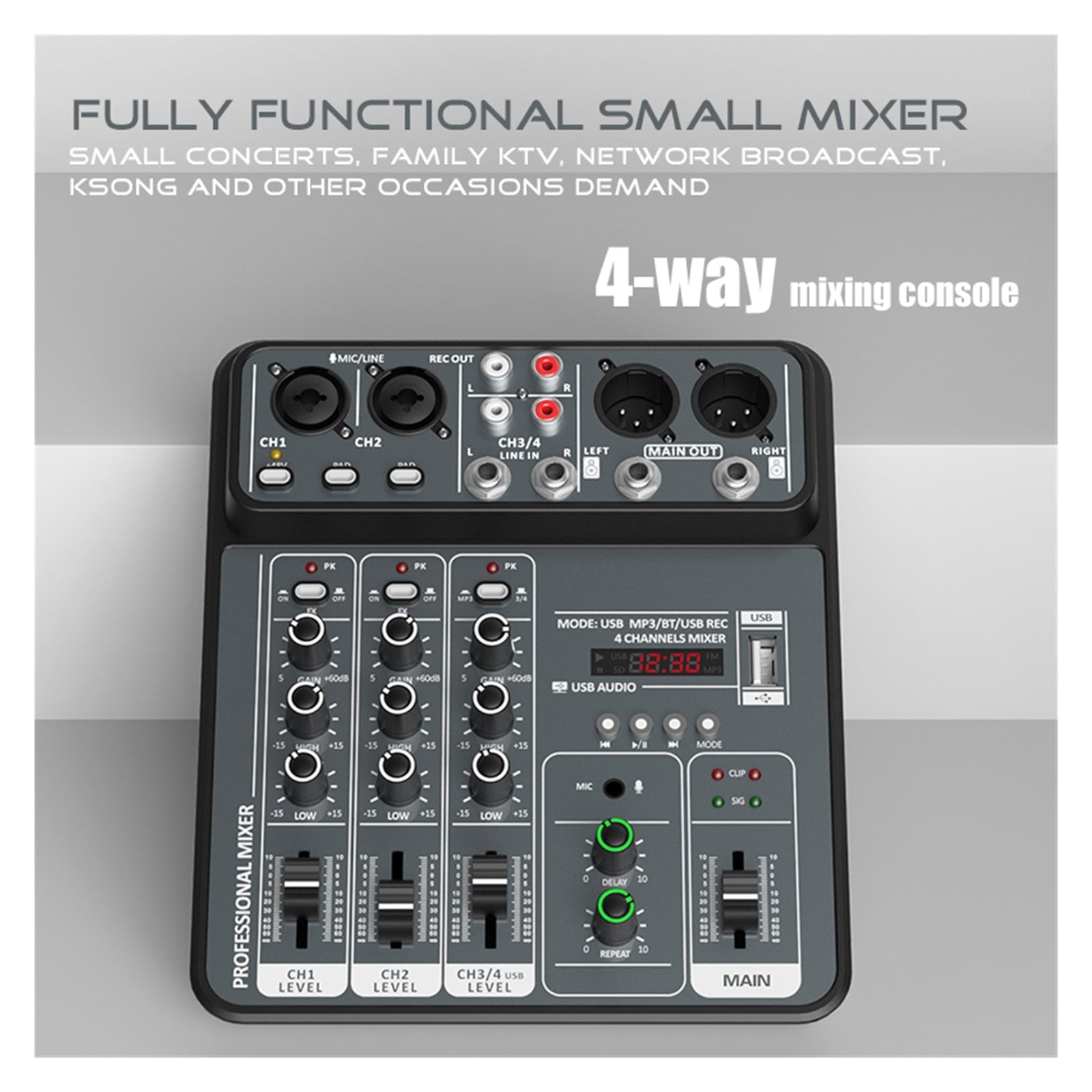 Mixer 4 channel Dj Mixing Console Met Bluetooth 48V Phantom Power Monitor Systeem Usb Mixer ,Easy to Operate