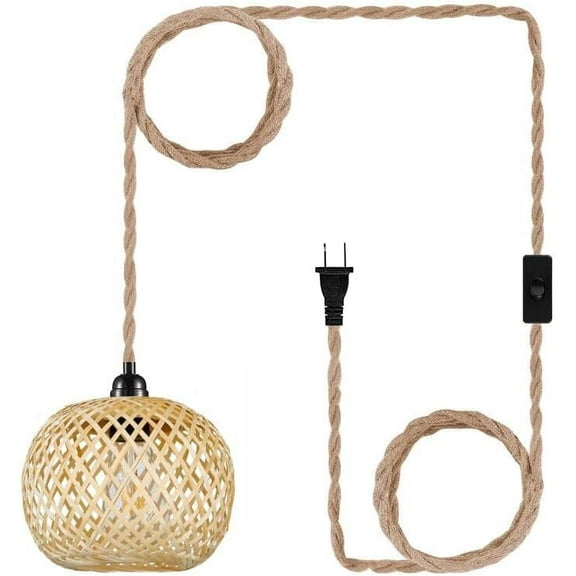 Boho Plug in Pendant Light Wicker Rattan Hanging Lights with 15ft Hemp Rope Cord MINI Bamboo Lampshade Wall Lighting Fixture Swag Lamp for Kitchen Island Farmhouse Living Dining Room Bedroom