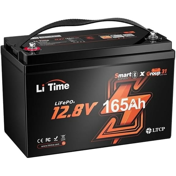 LiTime 12V 165Ah Bluetooth Lithium Battery Group 31 Size with 1.65X Higher Energy LiFePO4 Battery for Trolling Motors, Boat, Solar, RV and Marine