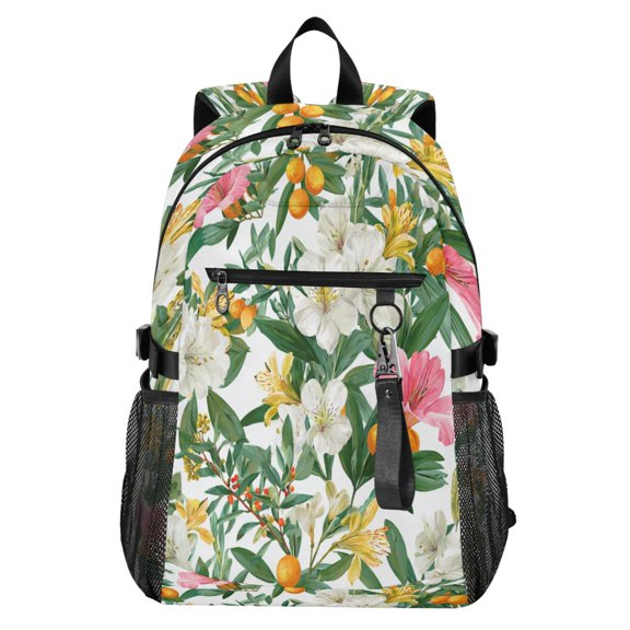 Full‑Print Casual Laptop Backpack, 20L Water‑Resistant Twill Tote Daypack with 14 Inch Computer Compartment for School Business Travel Flower Pattern