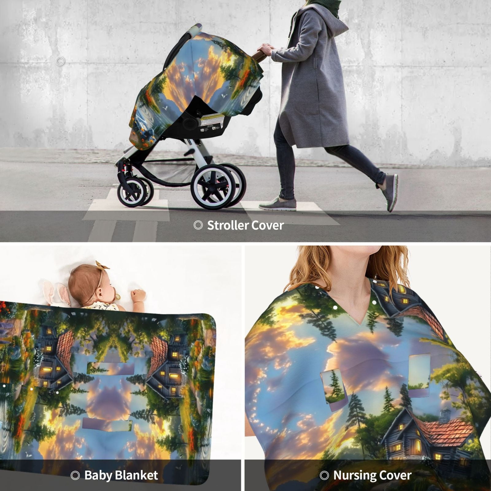 Car Seat Cover Baby - Cozy Cottage Lakeside Sunset Breathable Infant Car Seat Cover for Baby Carseat, Lightweight Comfort Baby Essentials Must Haves Newborn Stuff for Girl Boy