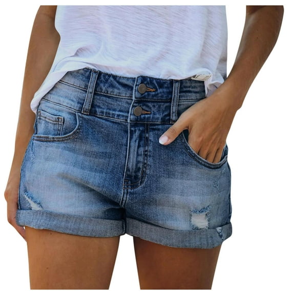 Durtebeua Ripped Womens Shorts Denim Folded Distressed Frayed Summer Shorts For Women Blue XXL