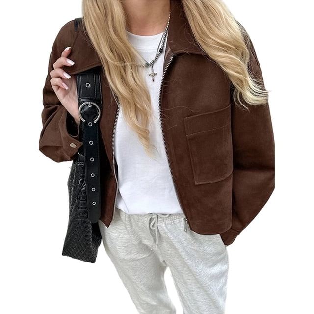 Veste en Daim pour Femmes Marron Décontractée à Manches Longues Col Rabattu Fermeture à Glissière Veste Bombers en Daim Marron Foncé S