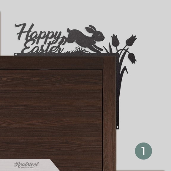 RealSteel Easter Door Corner Decor - Happy Easter Bunny & Tulips Metal Sign (Black, 10"x12")