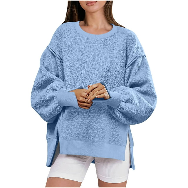 Besolor Womens Fleece Fuzzy Sweatshirts Oversized Long Sleeve Thick Warm Pullover Tops Fall Winter Solid Color Blouse