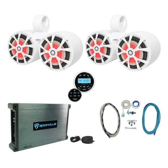 (2) Rockville RKL80MW 8" Marine Dual Wakeboard Tower LED Speakers Amp Receiver
