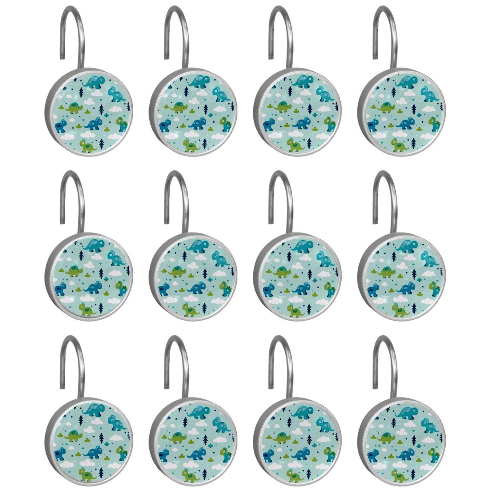 12pcs Decorative Shower Curtain Hooks, Rust Resistant Shower Rings for Bathroom Living Room,Rustproof Stainless Steel Rings for Shower Curtain and Liner Rods,Cartoon Dinosaurs Trees Blue