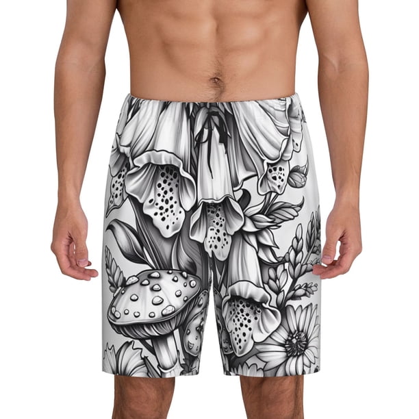 Balery Monochrome Botanical Illustration Pantalones cortos de pijama de punto de algodón para hombre con cinturilla y bolsillos-4X-Large