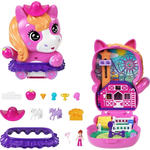 Polly Pocket Pony Rodeo Compact Playset with 1 Micro Doll and Pet Horses, Travel Toy with Food & Styling Accessories