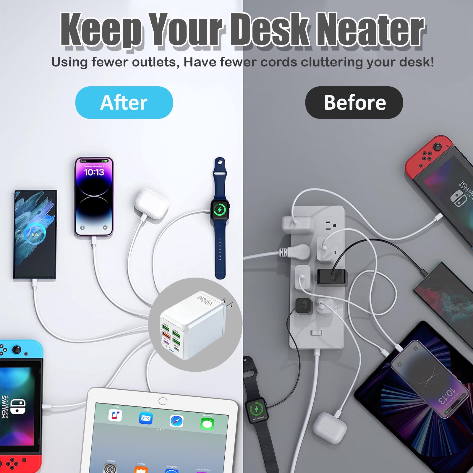 RONY USB C 150W Charger Block: 6-Port Fast Charging Block Power Adapter Compatible with iPhone Samsung Galaxy, White