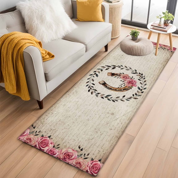 Runner Rug 2'x6', Pink Roses Washable Non-Slip Hallway Runner Rugs, Spring Horseshoes Floral Leaves Vintage Bedside Rugs Floor Mats Carpet Runners for Kitchen Bathroom Laundry Room
