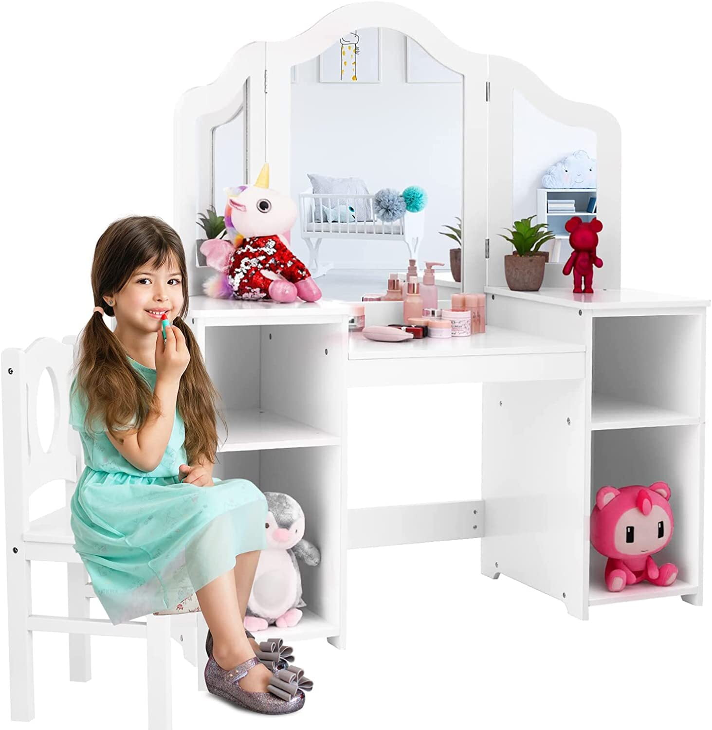 Homfa Children's Dressing Table, 2 in 1 Wooden Princess Dressing Table
