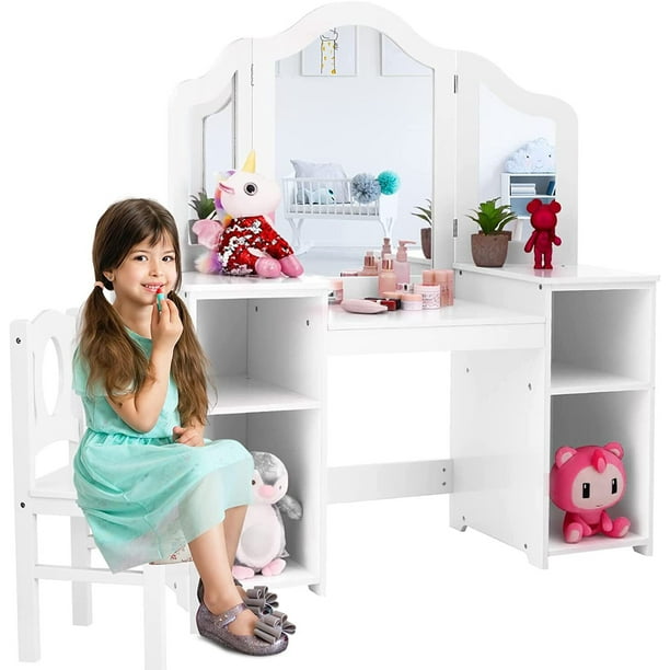 Homfa Children's Dressing Table, 2 in 1 Wooden Princess Dressing Table
