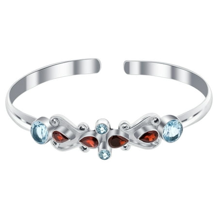 3 Stone Sterling Silver Bracelet Gem Avenue 925 Sterling Silver Genuine Garnet Topaz Flytrap Shape Floral Bali Cuff Bracelet ()