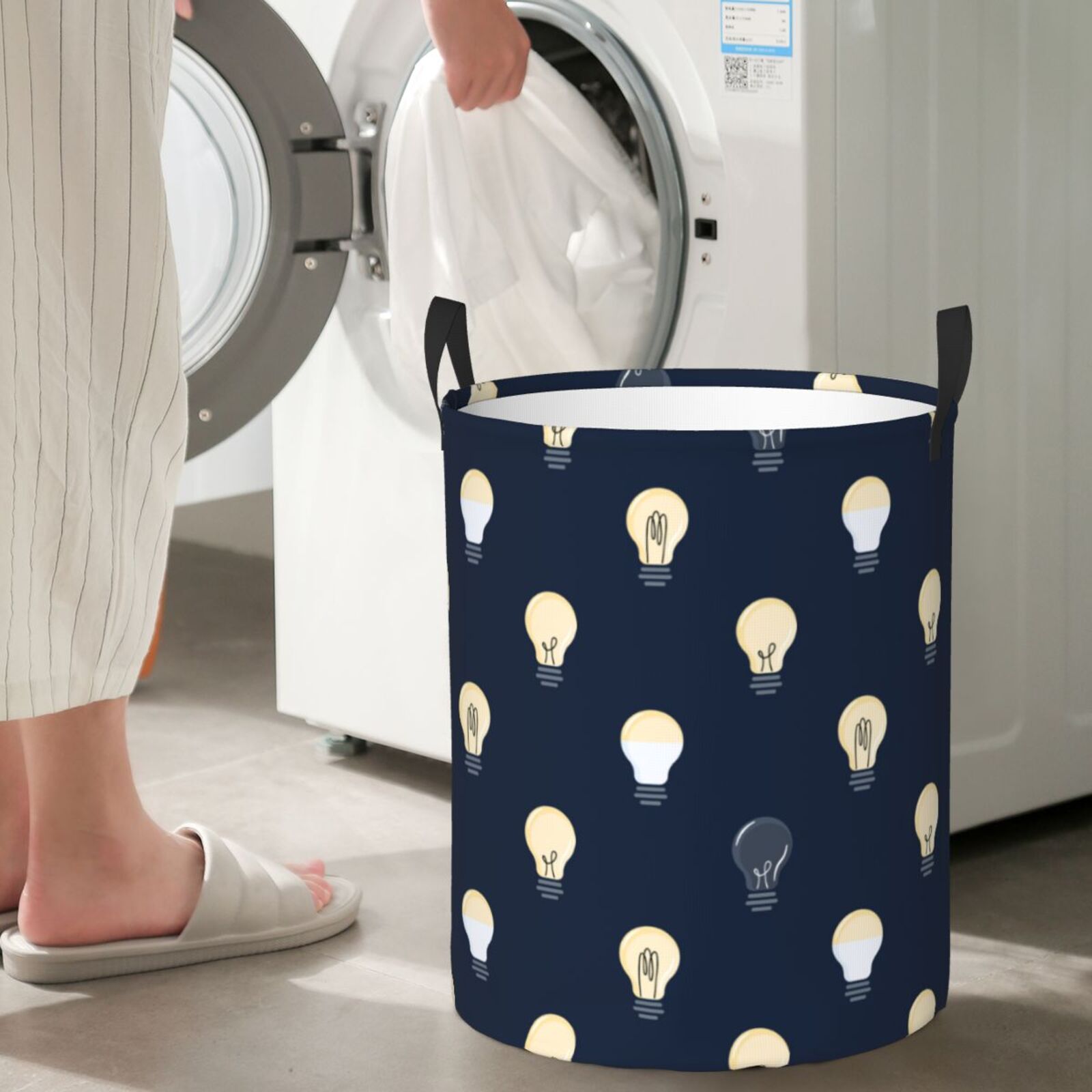 Large Laundry Basket with Handles - gray Light Bulb Pattern Kids Baby Dirty Clothes Laundry Hamper for Bedroom Aesthetic
