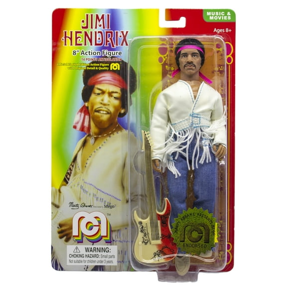 Mego Action Figure, 8” Jimi Hendrix with Flocked Hair in famous Woodstock outfit (Limited Edition Collector’s Item)