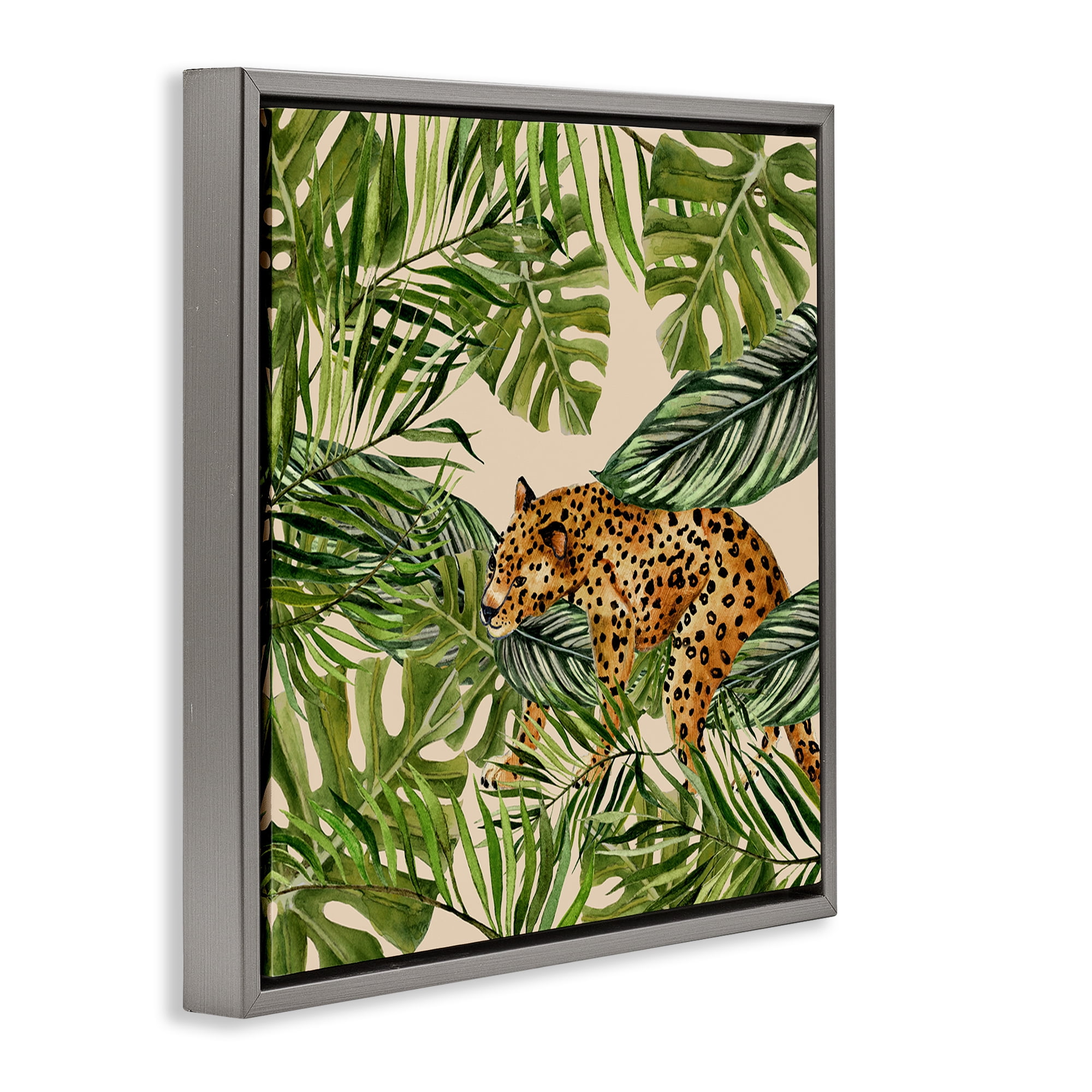 Stupell Industries Botanical Leopard on Branch Plants & Flowers Painting Gray Floater Framed Canvas Art Print Wall Art, 25 x 25