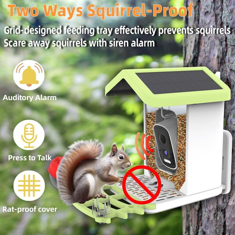 Smart Bird Feeder with Camera Solar Powered, 4K HD, AI Recognition, Instant Arrival Alerts, Motion Sensor, Gift for Bird Lover/Green