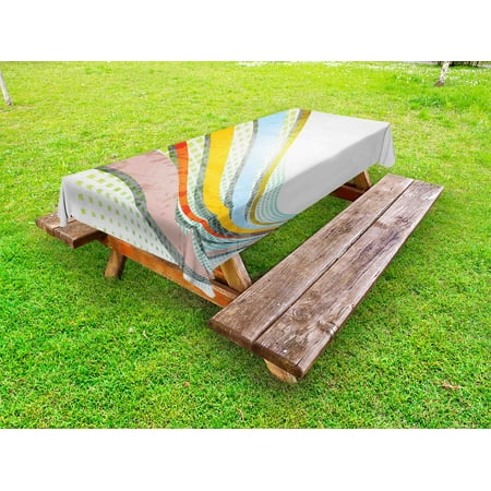 

Vintage Rainbow Outdoor Tablecloth Vintage Design Inspirations Colorful Curved Stripes and Checkered Squares Decorative Washable Fabric Picnic Tablecloth 58 X 104 Inches Multicolor by Ambesonne