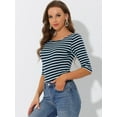thumbnail image 2 of Disfraz de navidad Camisecon mangas de codo pamujer Camisebásiinformal con cuello de barco y corte ajustado Azul oscuro rayas L, 2 of 5