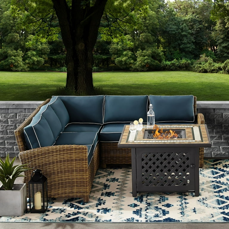 Bradenton 4Pc Outdoor Wicker Sectional Set W Fire Table Weathered Brown Navy Right Corner Loveseat Left Corner Loveseat Corner Chair Tucson
