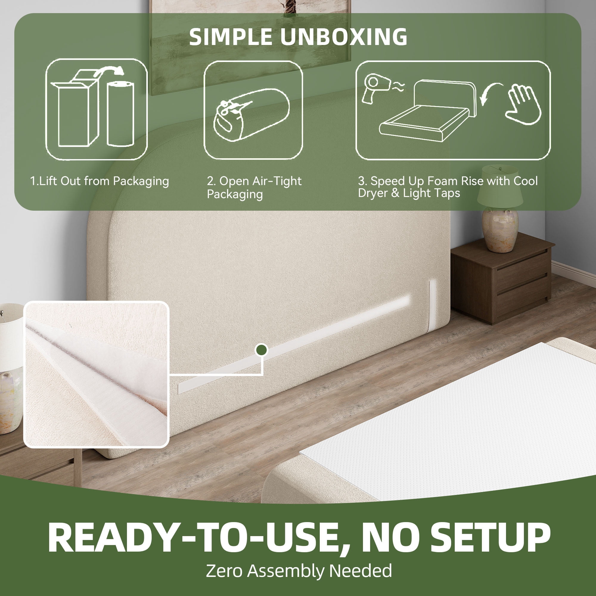 Uforic Queen Size Velvet Upholstered Cloud Bed Frame with Headboard/Footboard, 10-Second Easy Assembly, Off-White