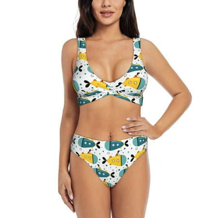 Zeuib Funny Boats High Waisted Tummy Control Bikini Set - Knot Front Push Up Top & Cheeky Thong Bottom  Two-Piece Swimsuit for Women-Large