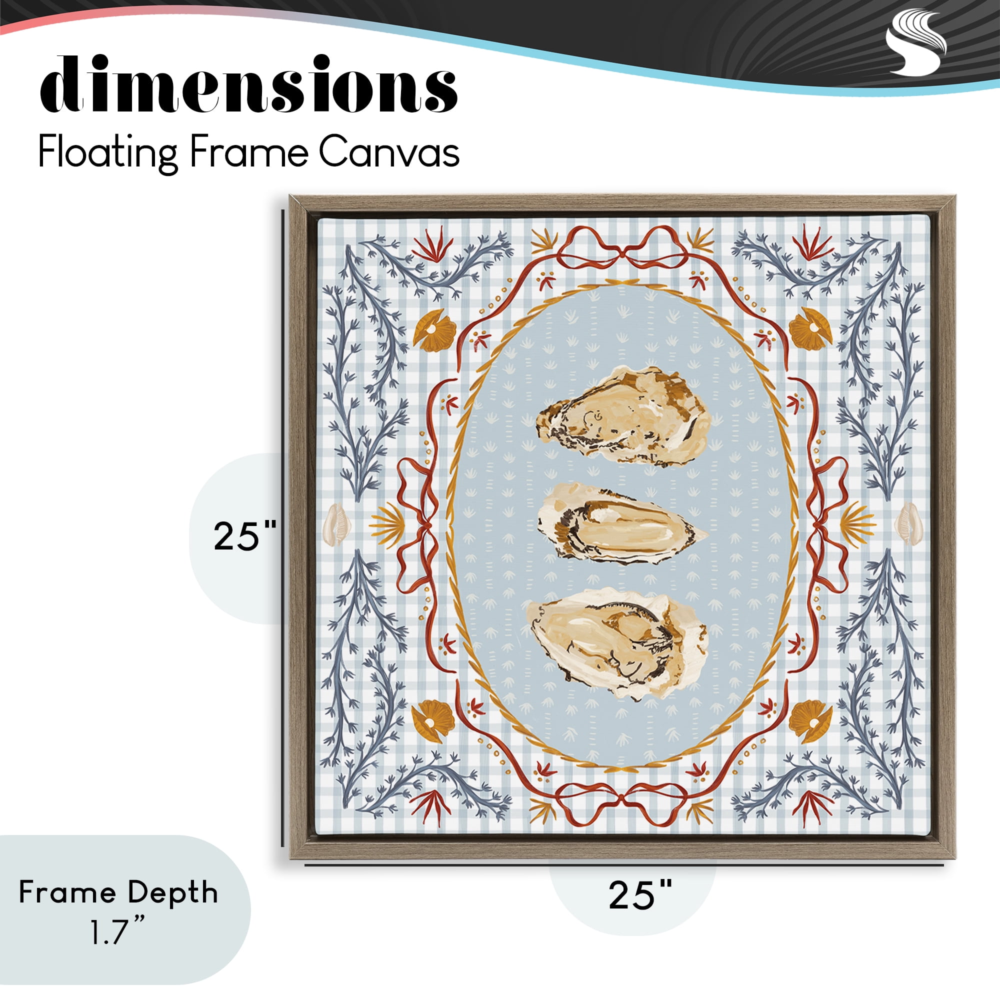 Stupell Industries Oyster Trio on Blue Gingham Brown Framed Floater Canvas Wall Art, design by Vero Illustrates