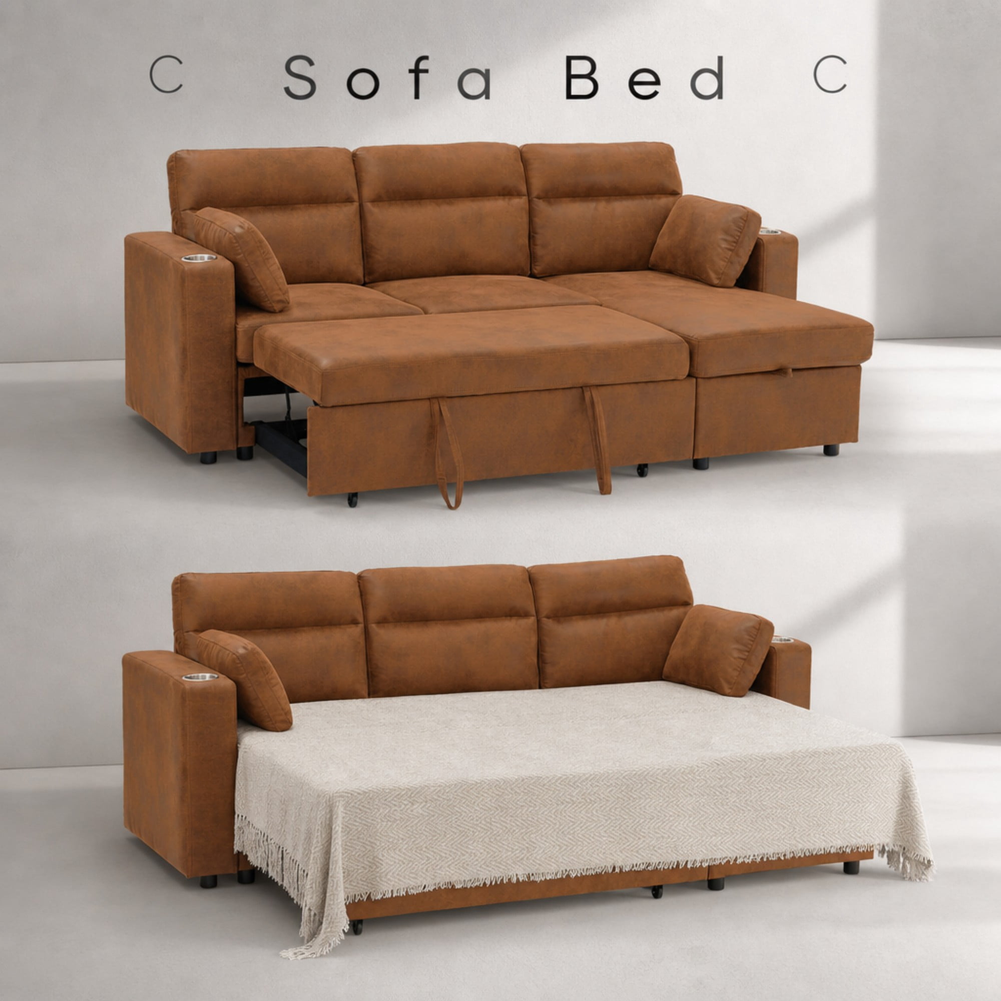 BSHTI 82.5" Polyester L-Shaped Pull-Out Sectional Sofa Bed with Storage Chaise, Cup Holders for Living Room(Light Brown)