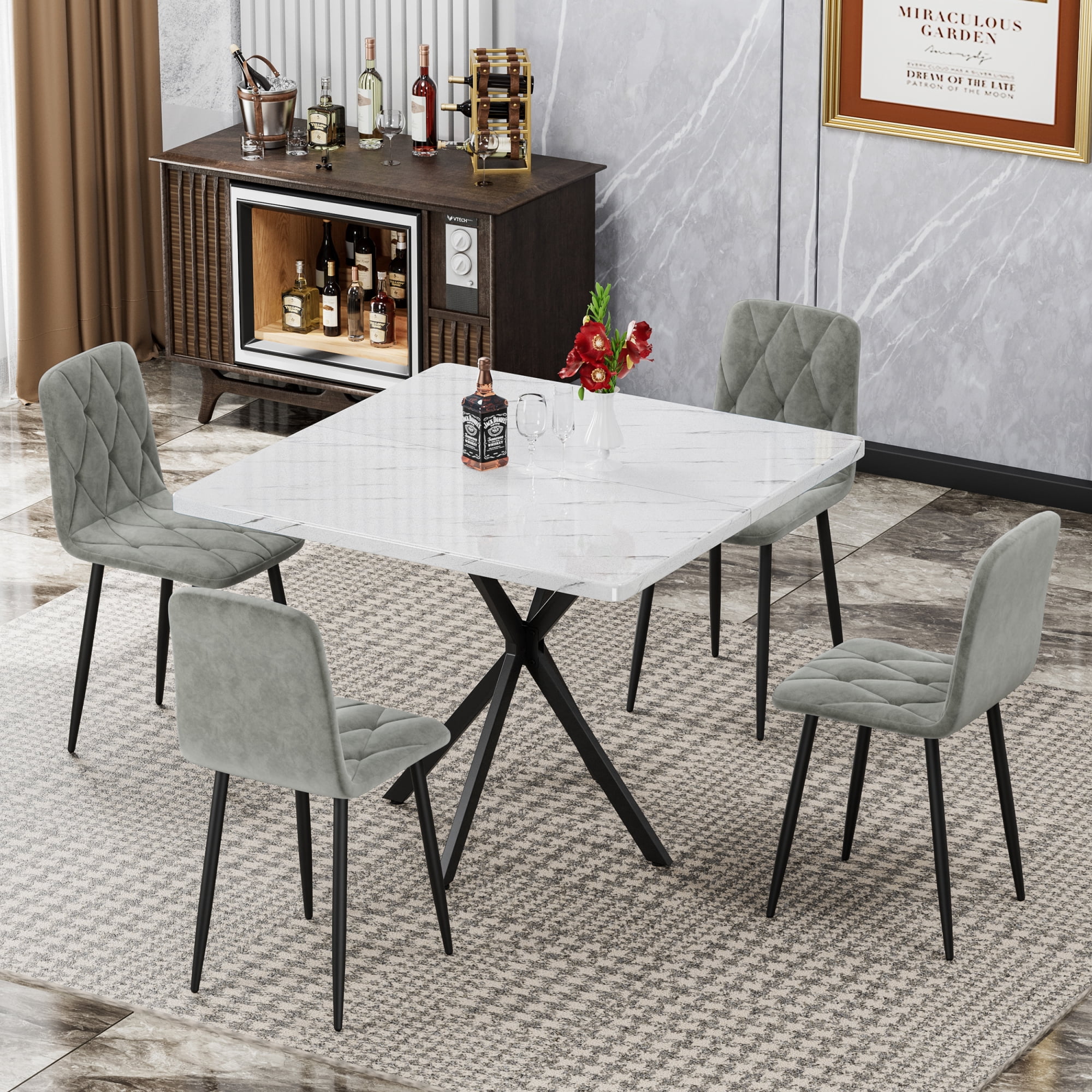Dining Chairs Set of 4,Kitchen & Dining Room Upholstered Chairs with Metal Legs,Gray+Velvet