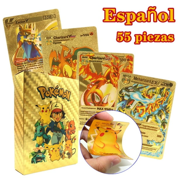 Cartas coloridas Pokémon genuinas, juego de cartas de aluminio dorado, Pikachu, Charizard, Mewtwo, inglés, español, francés, alemán, coreano, 55 piezas Fivean unisex