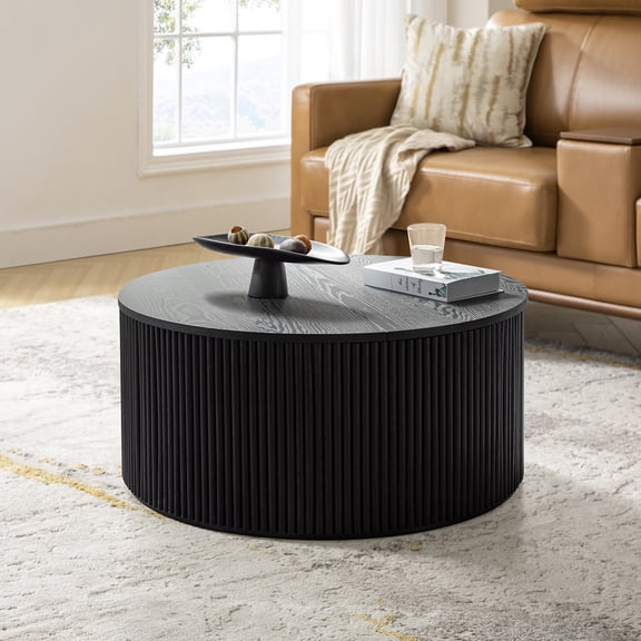 Tina's Home Modern Round Coffee Table with Storage, Wood Slat Accent Drum Table, Lift-Top Center Table for Living Room Black