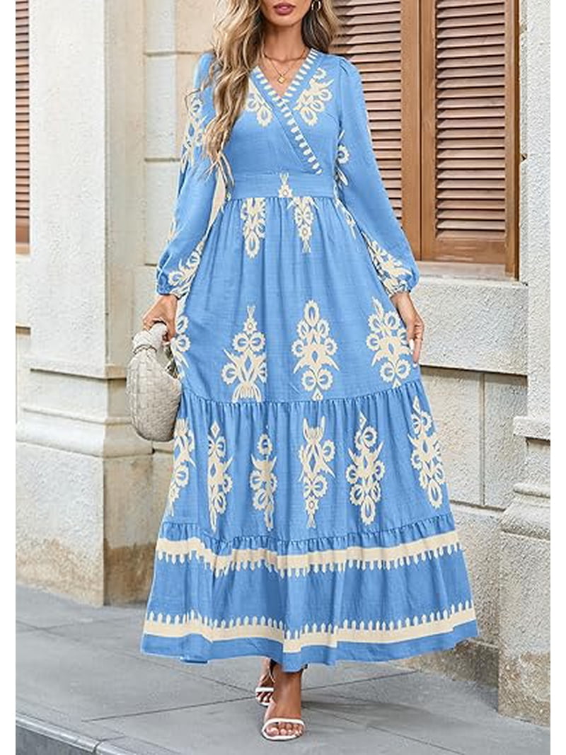 Prettygarden Women's Fall Wedding Guest Dresses Boho Floral Long Sleeve V Neck Flowy Elegant Maxi Dress Beach Clothes, Size: Medium, Blue Prettygarden Women's Fall Wedding Guest Dresses Boho Floral Long Sleeve V Neck Flowy Elegant Maxi Dress Beach Clothes, Size: Medium, Blue