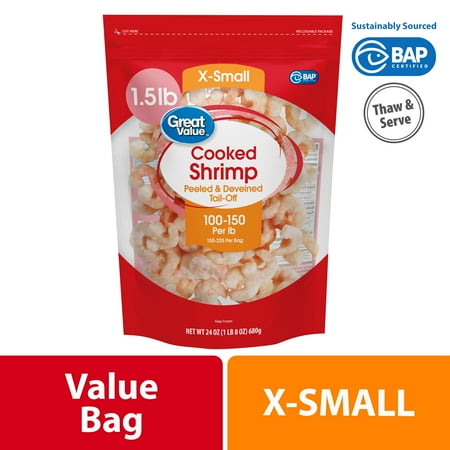 Great Value Frozen Cooked Extra Small Peeled & Deveined, Shrimp Value Bag, 24 oz (100-150 Count per lb)