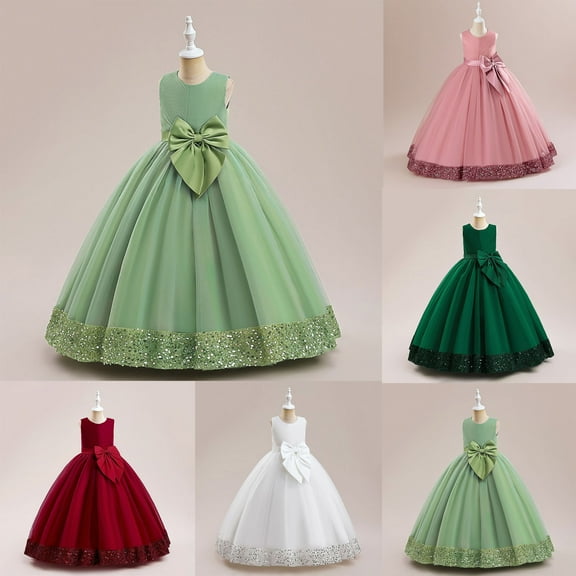 Miluxas formal Dresses for Girls Sleeveless Glitter Sequin Hem Floor Length Maxi Dress Princess Cute Bow Waisted Party Gowns White 14-15Years