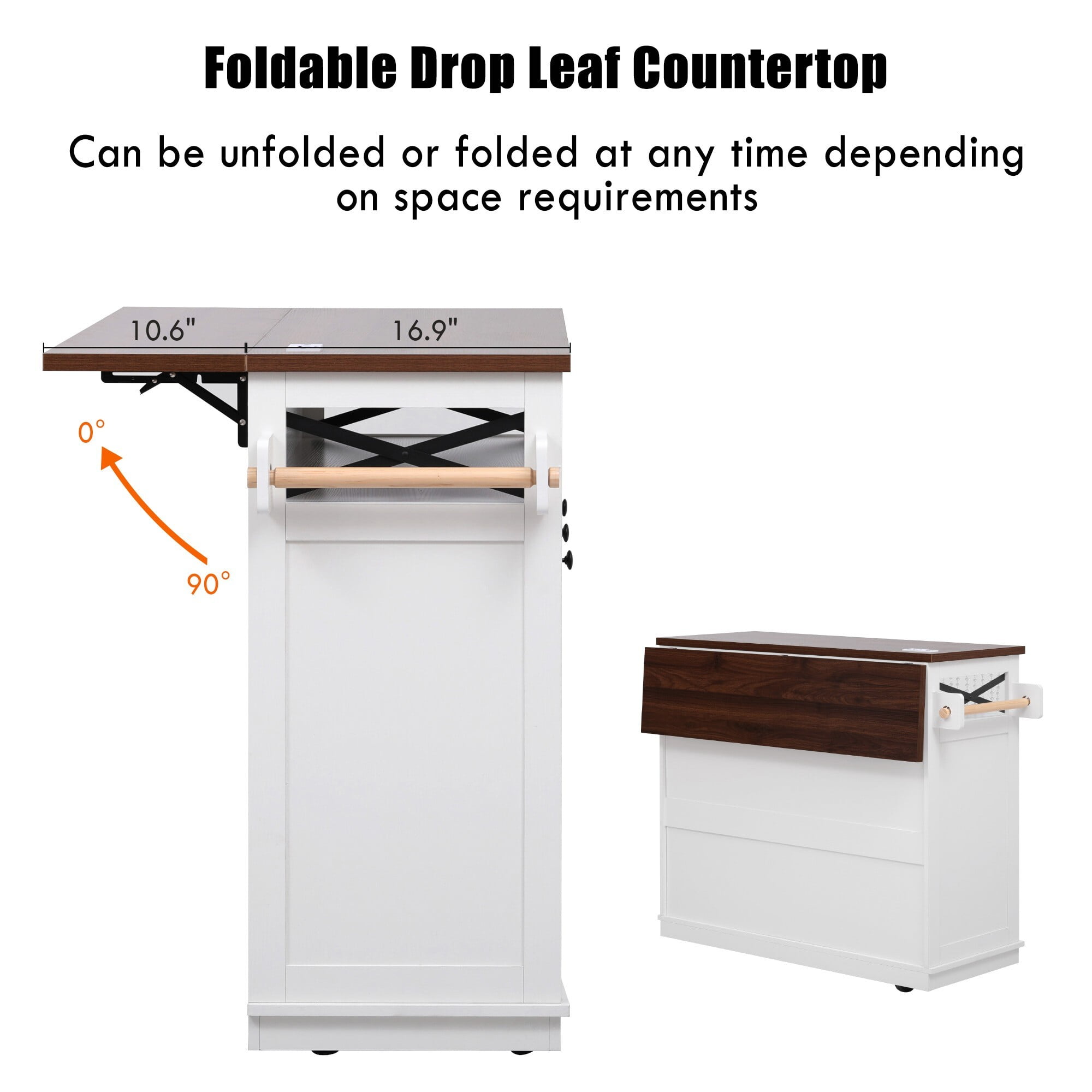 DEALTOPS Farmhouse Kitchen Island Storage Cart with Drop Leaf, Power Outlet, Beaded Accent, White