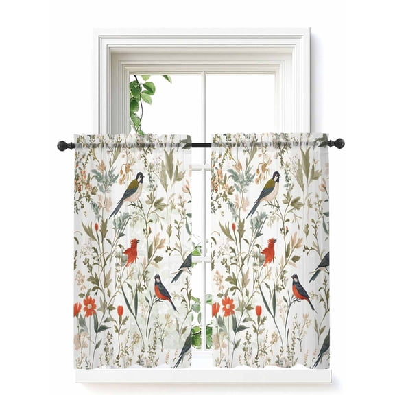 Pastoral Botanical Curtains 45 Inch Length, Sheer Curtains for Bedroom Living Room Window Summer Birds Spring Floral Rod Pocket Voile Drapes Kitchen Curtains Small Half Window 42"x45" 2 Panels