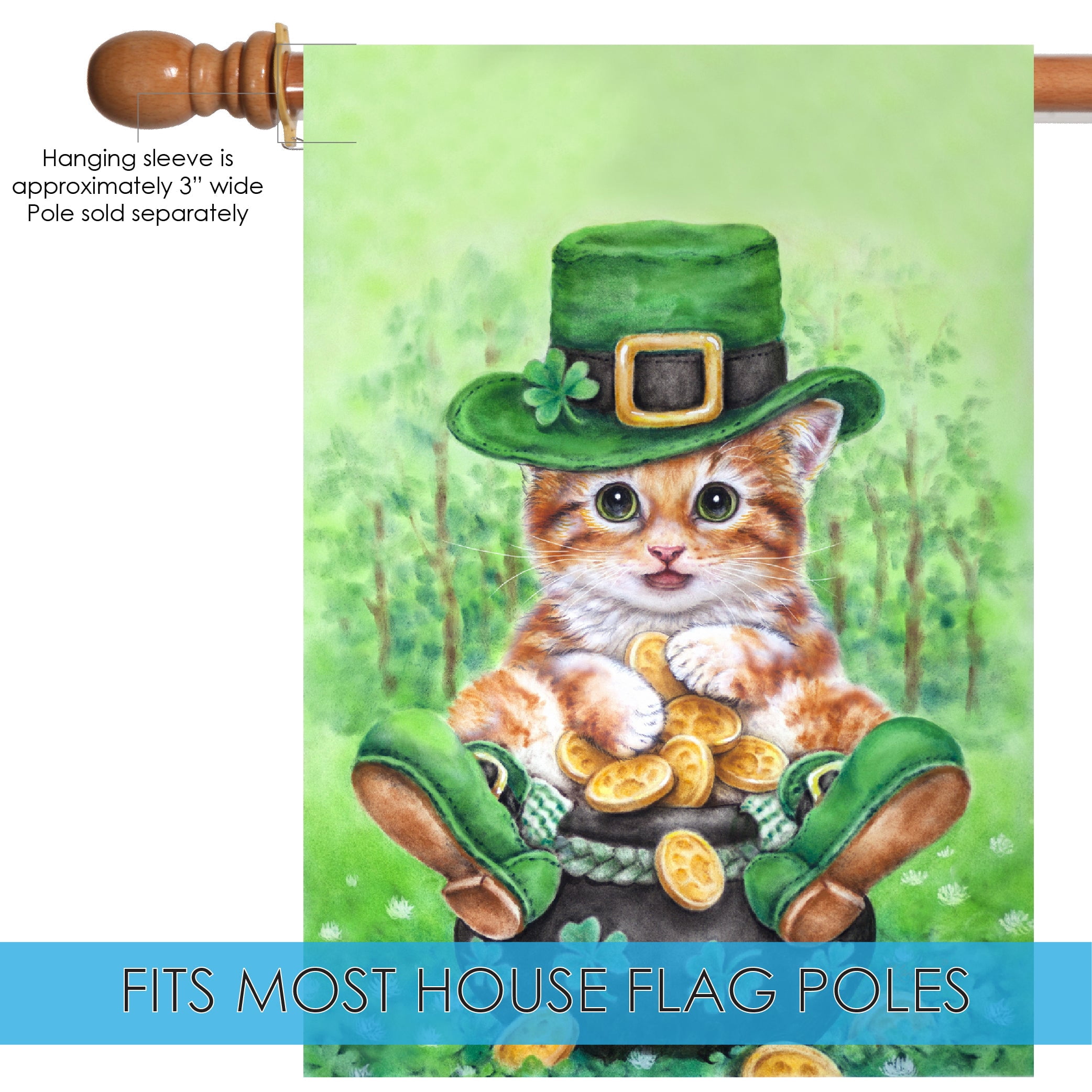 Toland Home Garden Clover Kitty Hausflagge – 71x102 Cm, Getigerte Katze Mit Kleeblatt, Für St. Patrick's Day