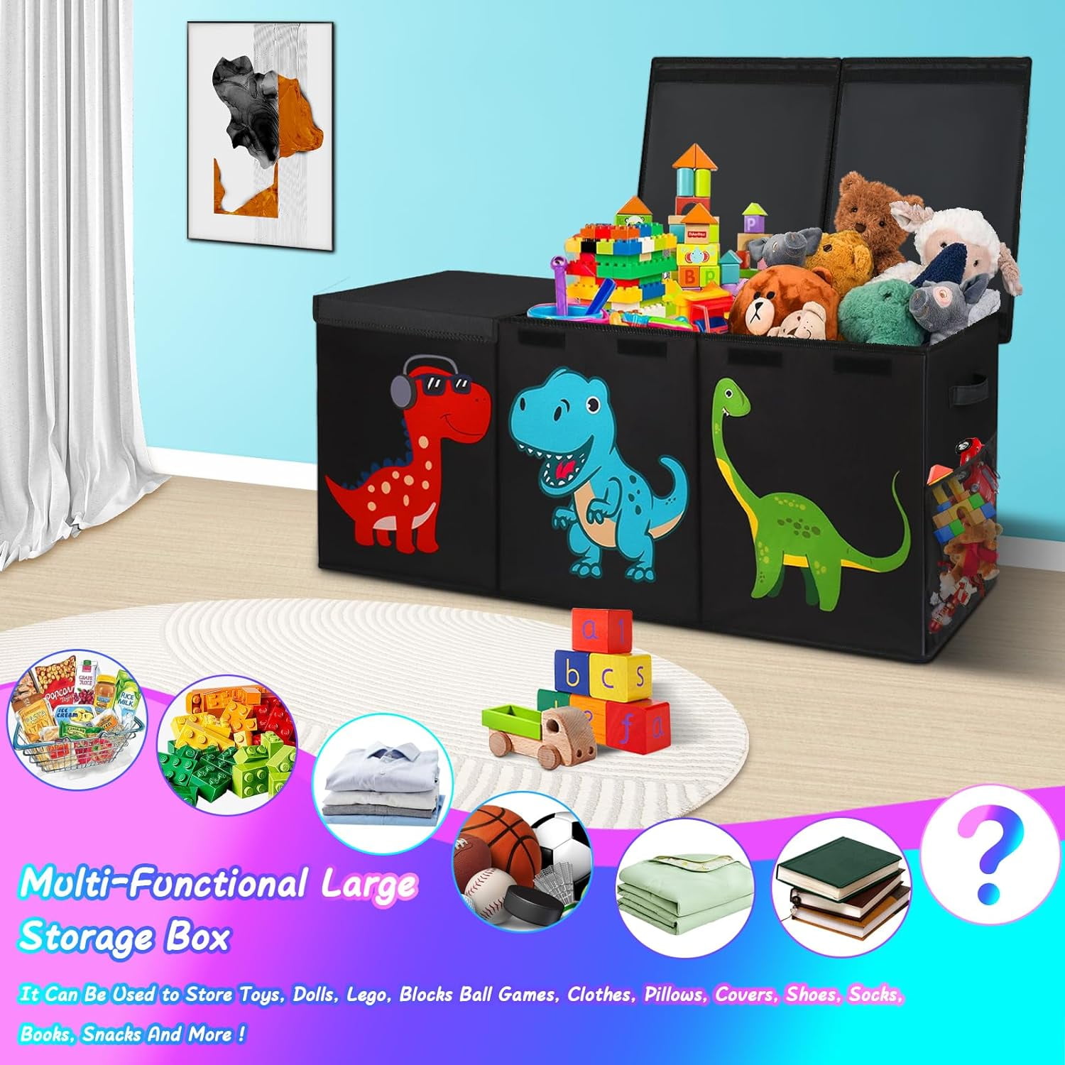 Toy storage box with lid, dinosaur toy box, unisex, 40" x 16" x 16" size, suitable for living room, playroom, bedroom, nursery.