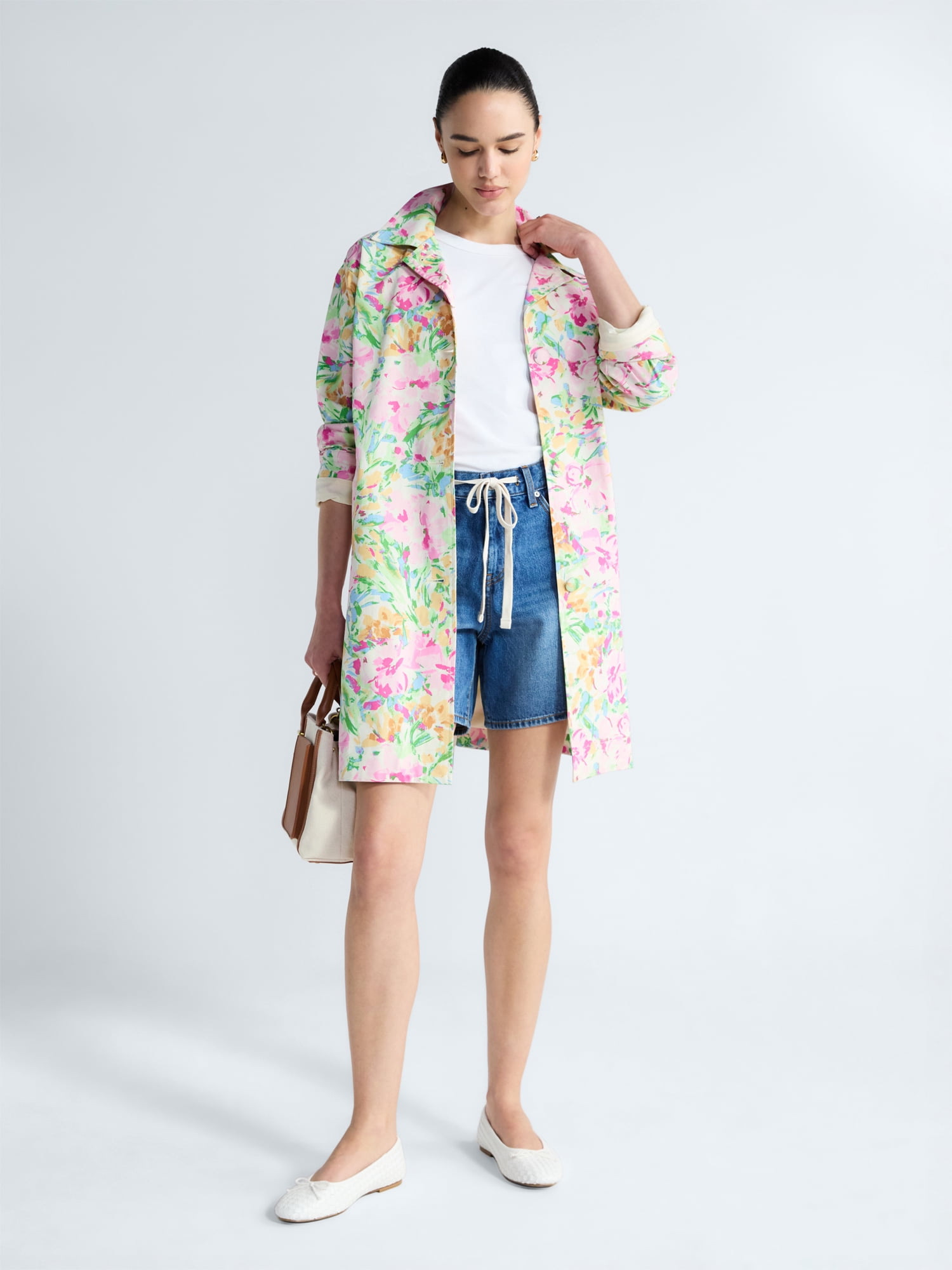 Free Assembly Women's and Women's Plus Floral Car Coat with Long Sleeves, Sizes XS-4X