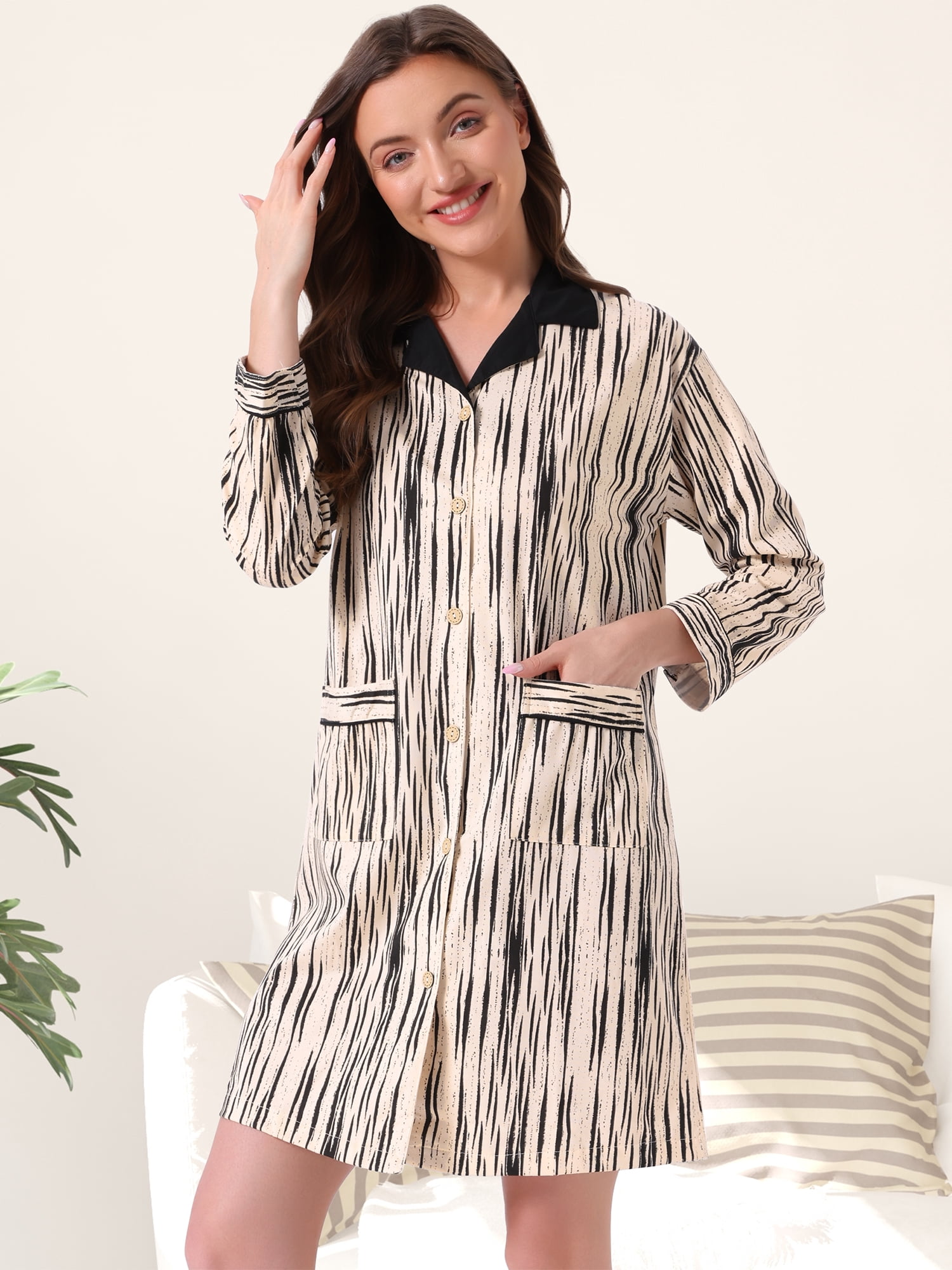 DARING DIVA Women's Striped Button Down Long Sleeve Pajama Dress M Black Stripe