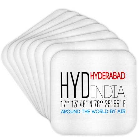 3drose, Text Hyd Hyderabad, India, Coordinates. Around the World by Air, Set of 8 Coasters - Soft