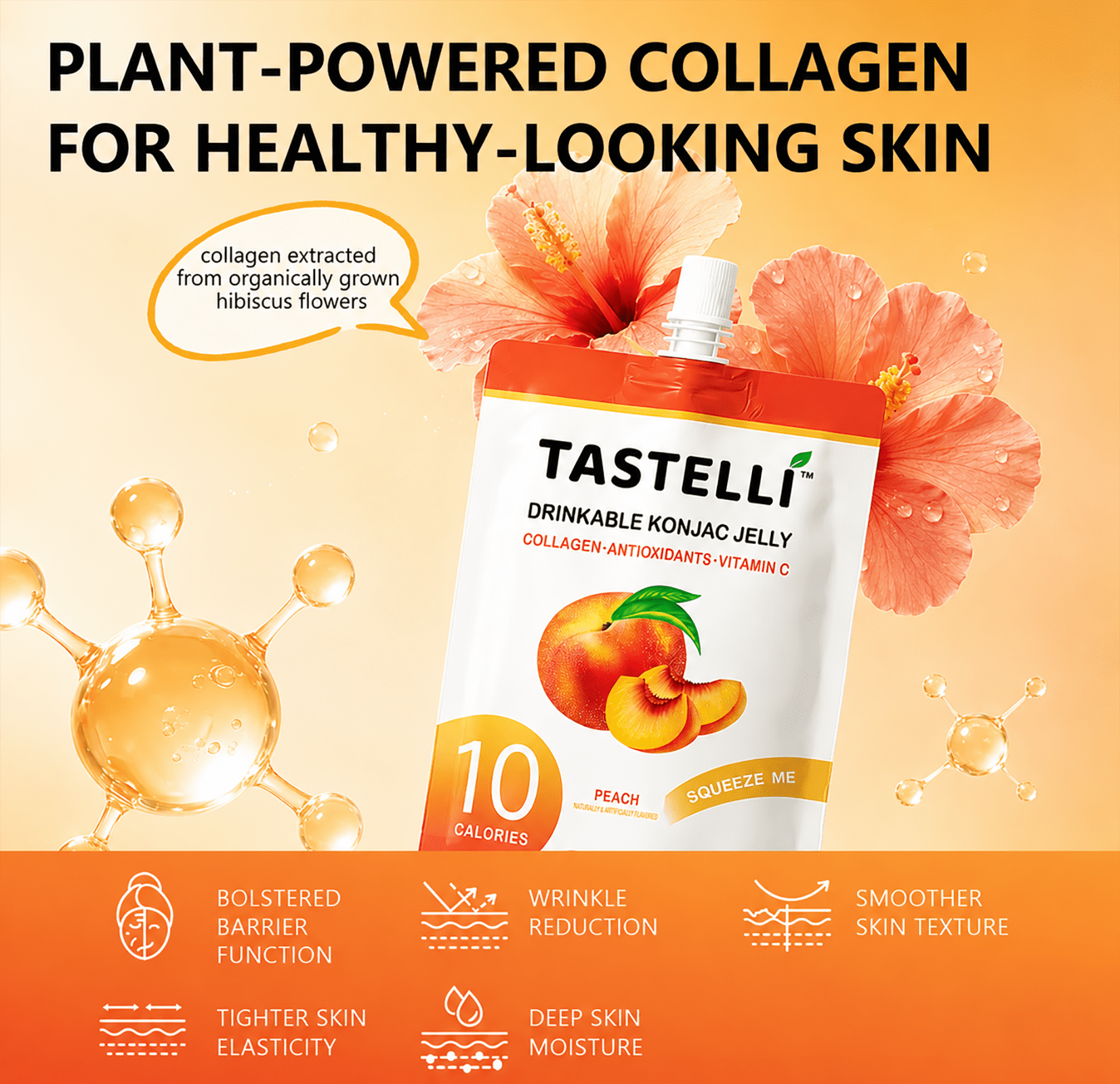 Tastelli Konjac Jelly Infused with Collagen & Vitamin C | Gluten Free, Sugar Free, Low Calorie | Vegan Drinkable Fruit Jelly Snack | Peach | 150mL x 10 Pouches