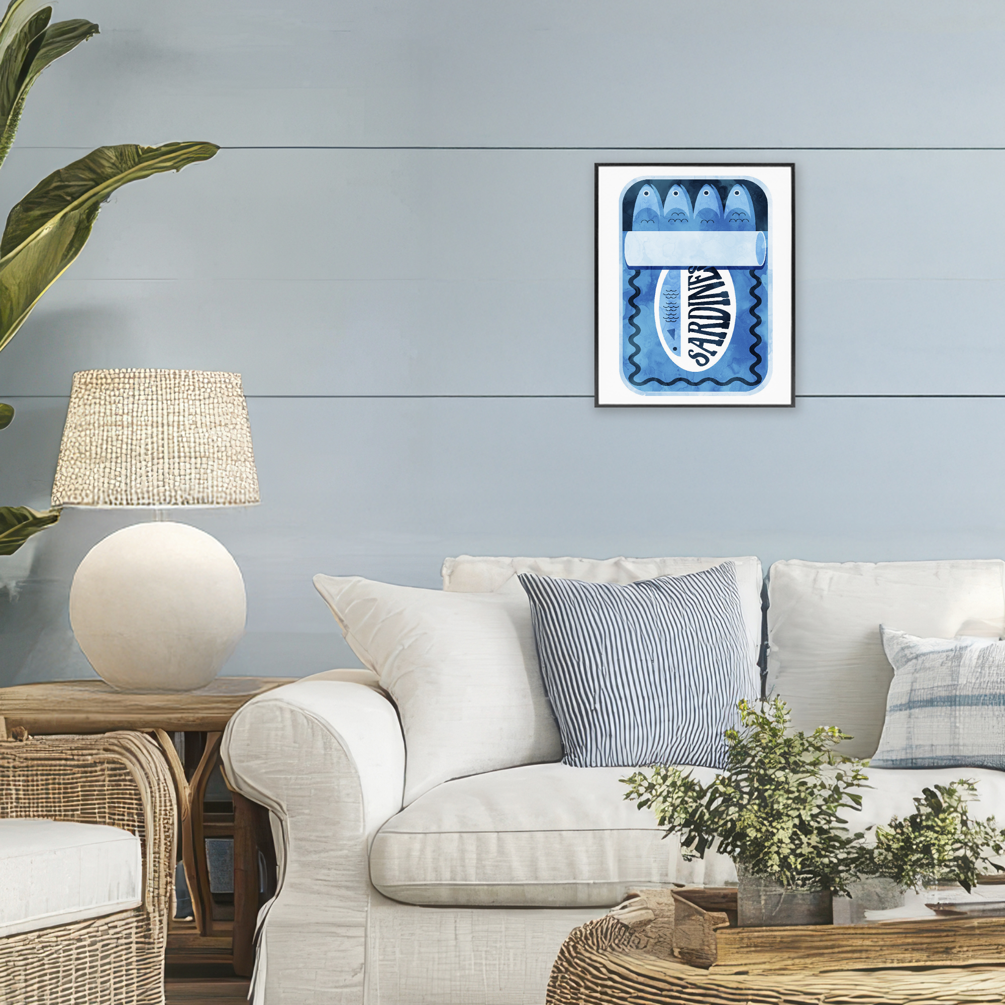 Retro Blue Sardine Tin Black Framed Giclee Art, design by Daphne Polselli