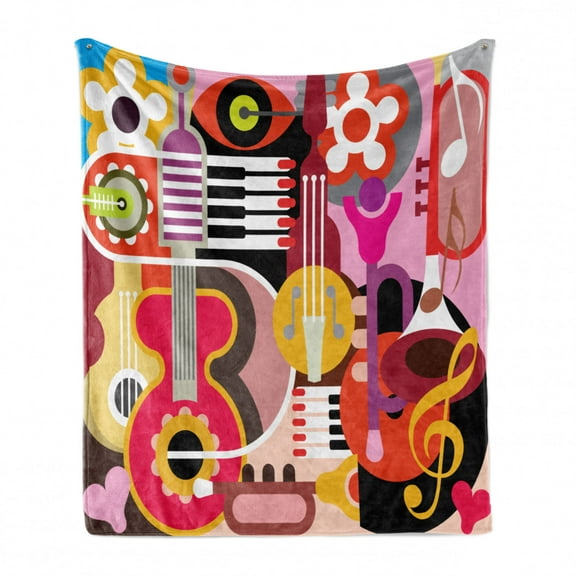 Music Soft Flannel Fleece Throw Blanket, Complex Graphic with Various Musical Properties Keyboard Festival Piano Design, Cozy Plush for Indoor and Outdoor Use, 50" x 60", Multicolor, by Ambesonne