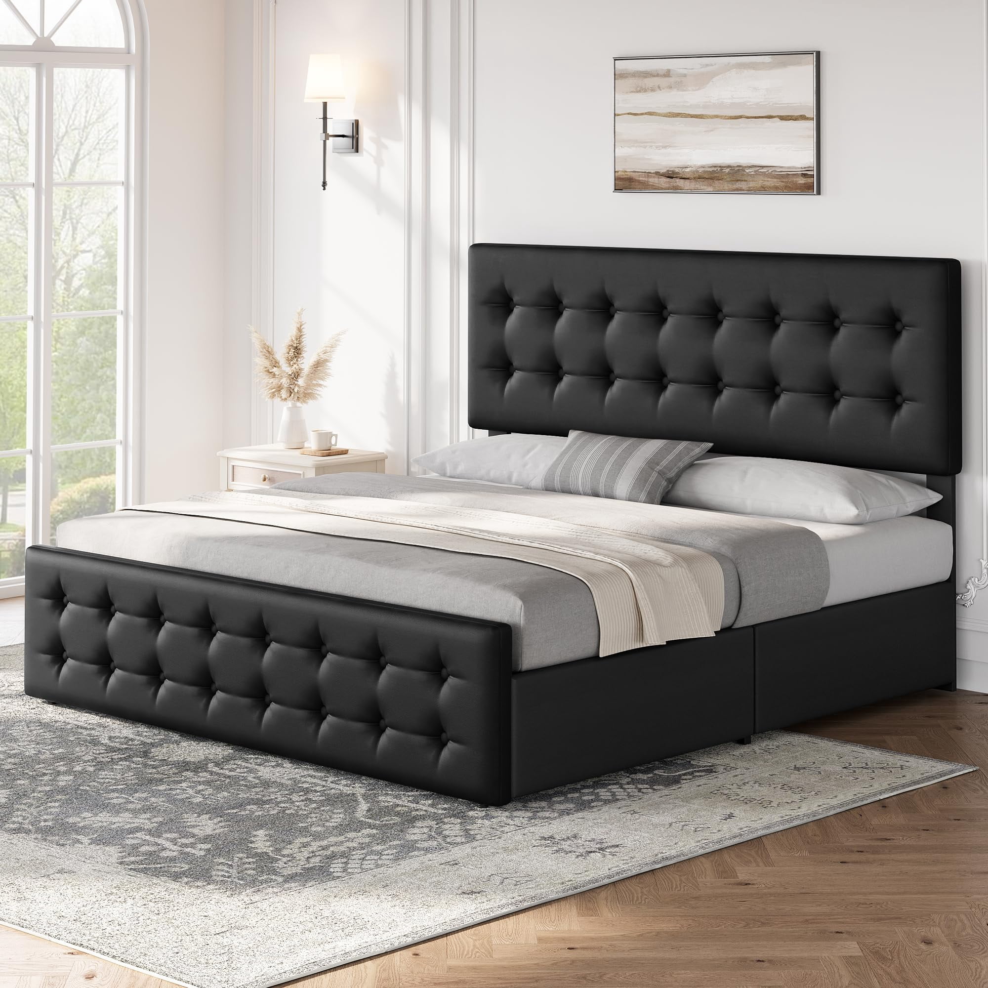Maritcute King Size Bed Frame with 4 Storage Drawers and Adjustable Headboard, Upholstered Mattress Foundation with Skin-Frienly Linen, No Box Spring Needed, Black