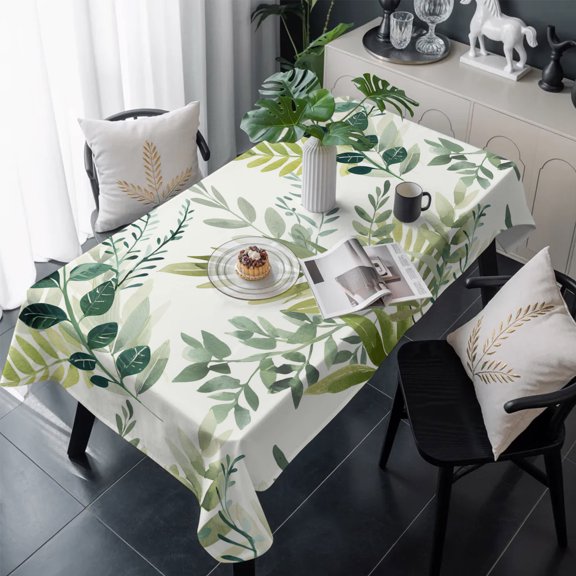 Green Leaves Table Cloth Waterproof Tablecloths, Summer Botanical Farmhouse Watercolor Leaf Tablecloth Dining Table Cover for Kitchen Party Tabletop Outdoor, Rectangle Tablecloth 60x120 Inch