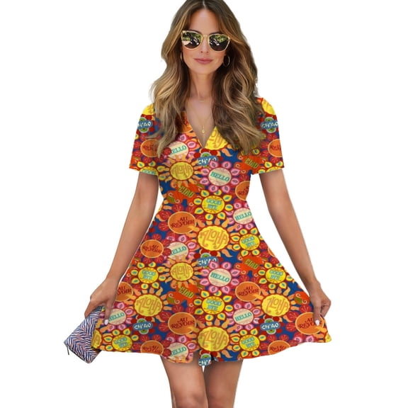 It'S A Small World Flowers Women Dress V-Neck Short Sleeve Flowy Swing Party Midi Dress