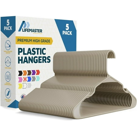 Lifemaster Plastic Clothes Hangers – Heavy Duty Hanger Set, For Organizing Clothes, Dresses, and Coat, Holds Up To 5 lbs, Space-saving Hangers with Non-Slip Shoulder Grooves, Pack of 5, Ivory