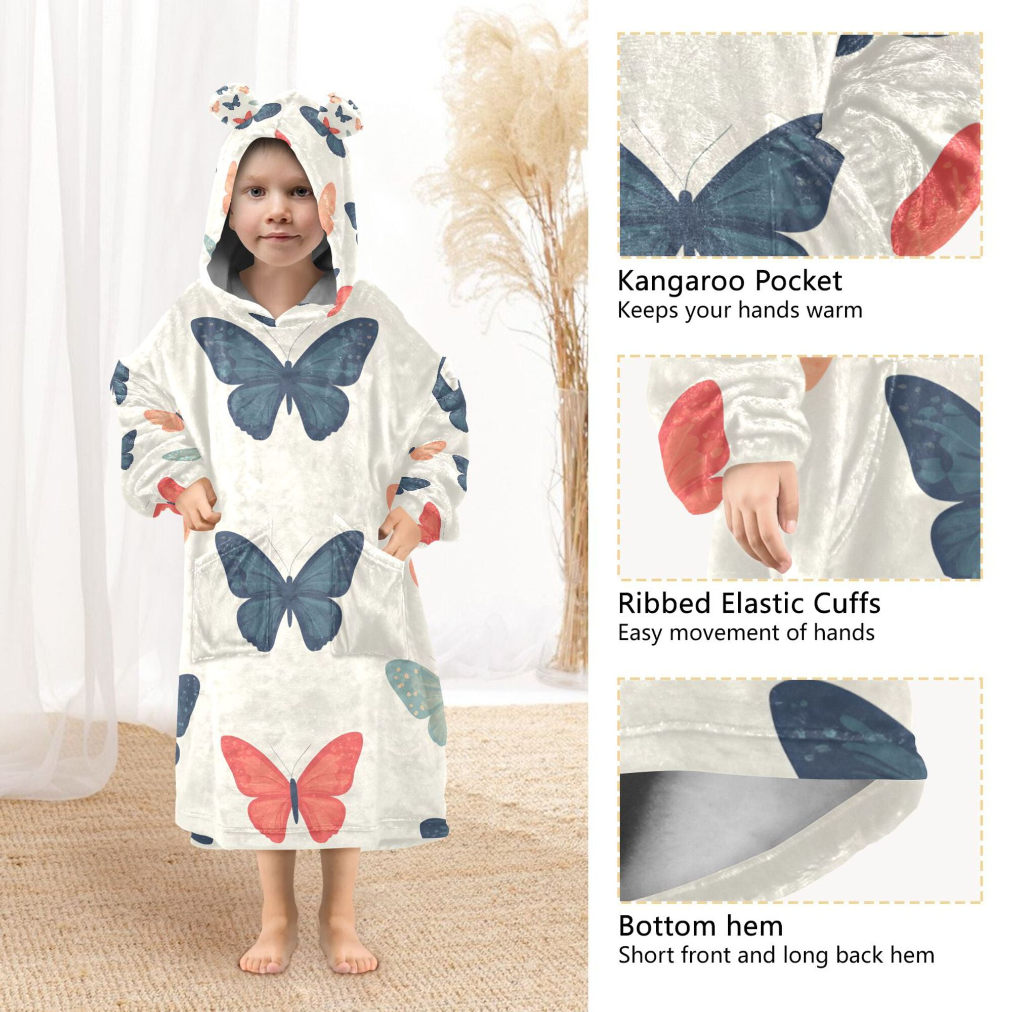 FORMRS Wearable Blanket Hoodie with Sleeves for Kids Cozy Flannel Sweatshirt, Orange Butterflies